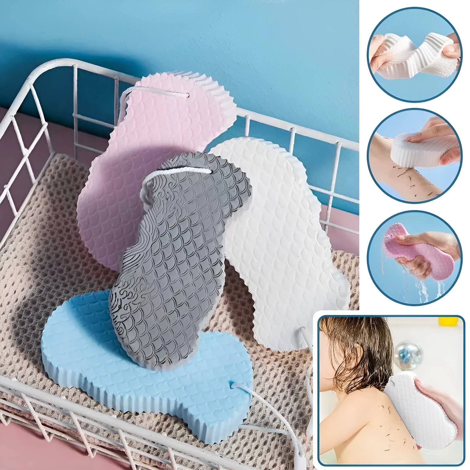 3D fish scale pattern bath sponge with textured surface for body exfoliation in multiple colours