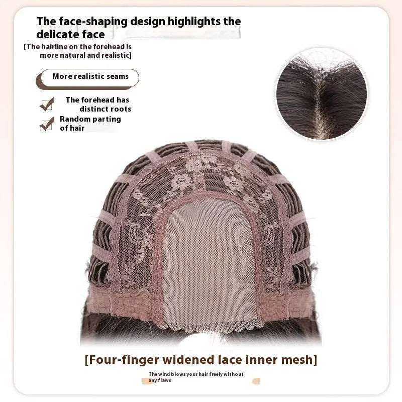 Natural black straight synthetic wig with forehead lace front, shown with hairnet, clips, comb, bracket, and care bottle.