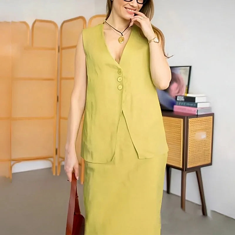 Women's casual two-piece suit with a sleeveless top and long skirt in a blue colour.