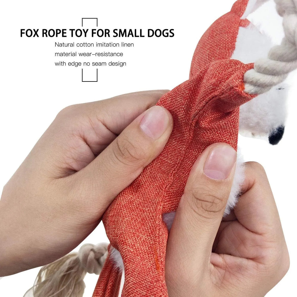 Brown plush fox dog toy with cotton rope limbs, embroidered eyes, and a squeaker.