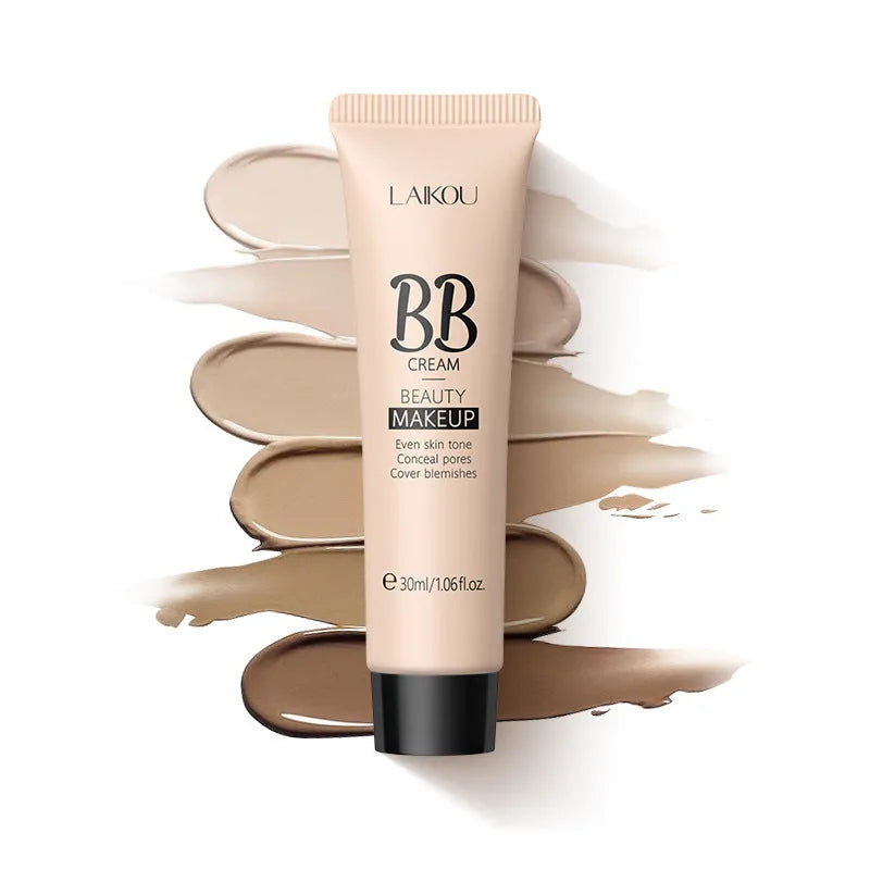 30ml tube of natural finish BB cream showing nine colour shade options from Ivory White to Brown