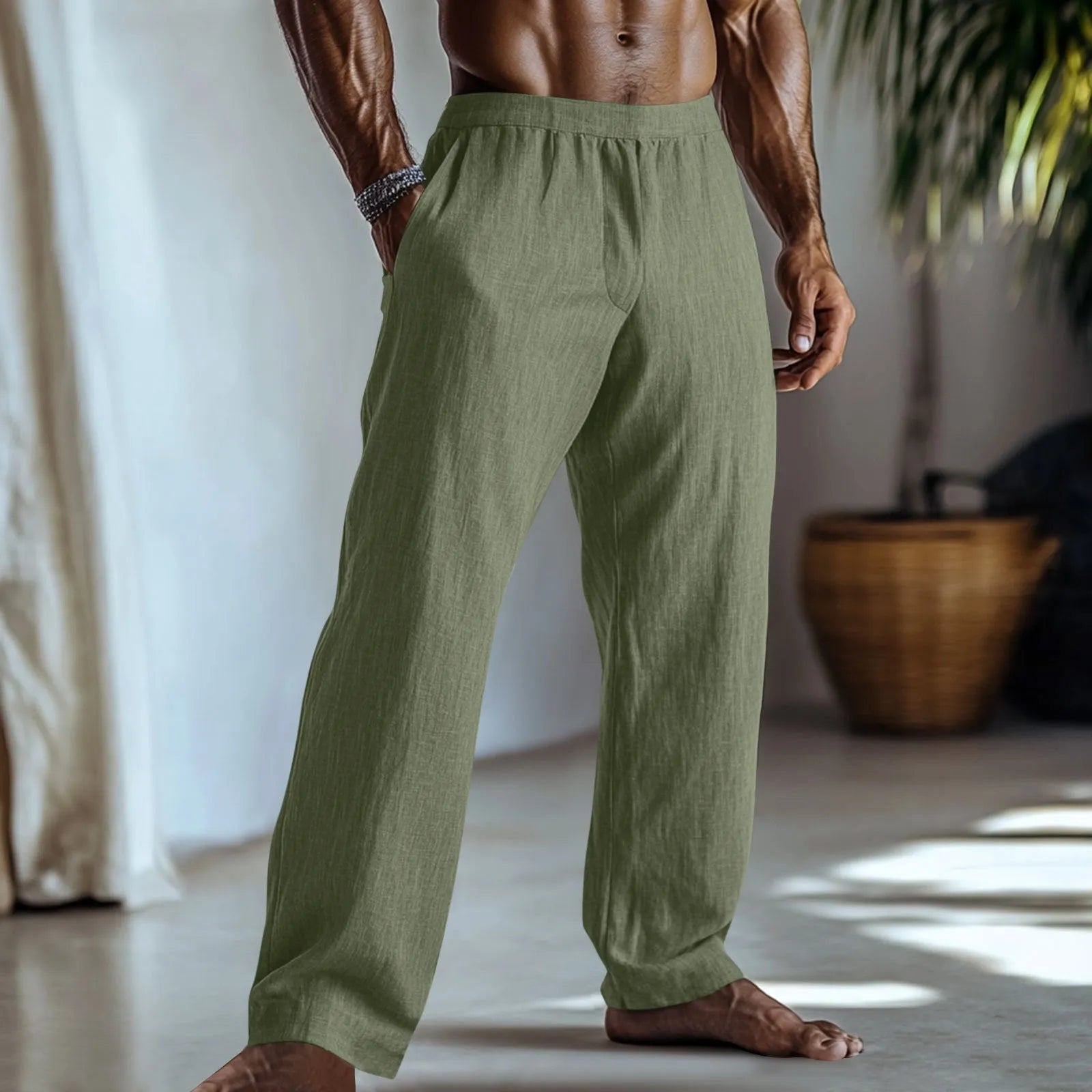 Cotton and linen straight leg casual trousers in a solid colour with side pockets