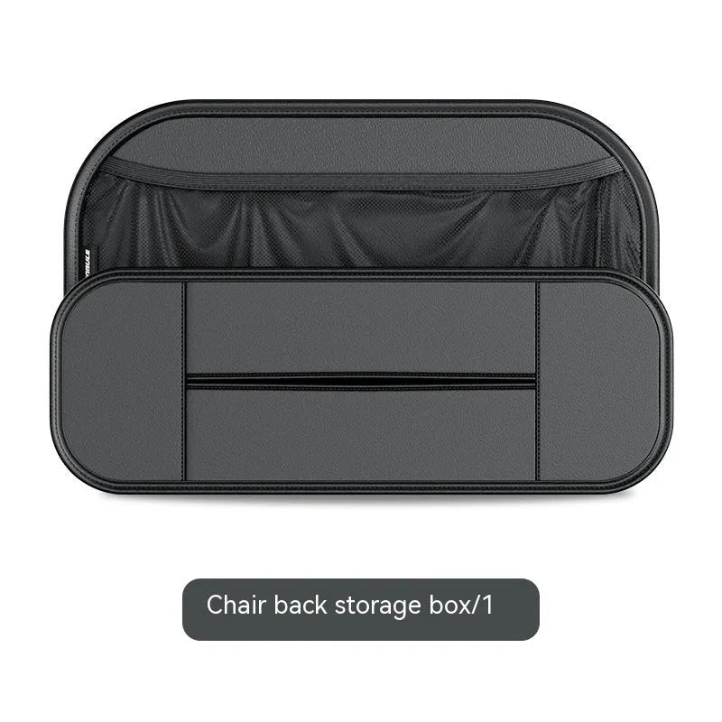 Black leather car seat rear storage bag with dimensions 36cm by 8cm by 24cm
