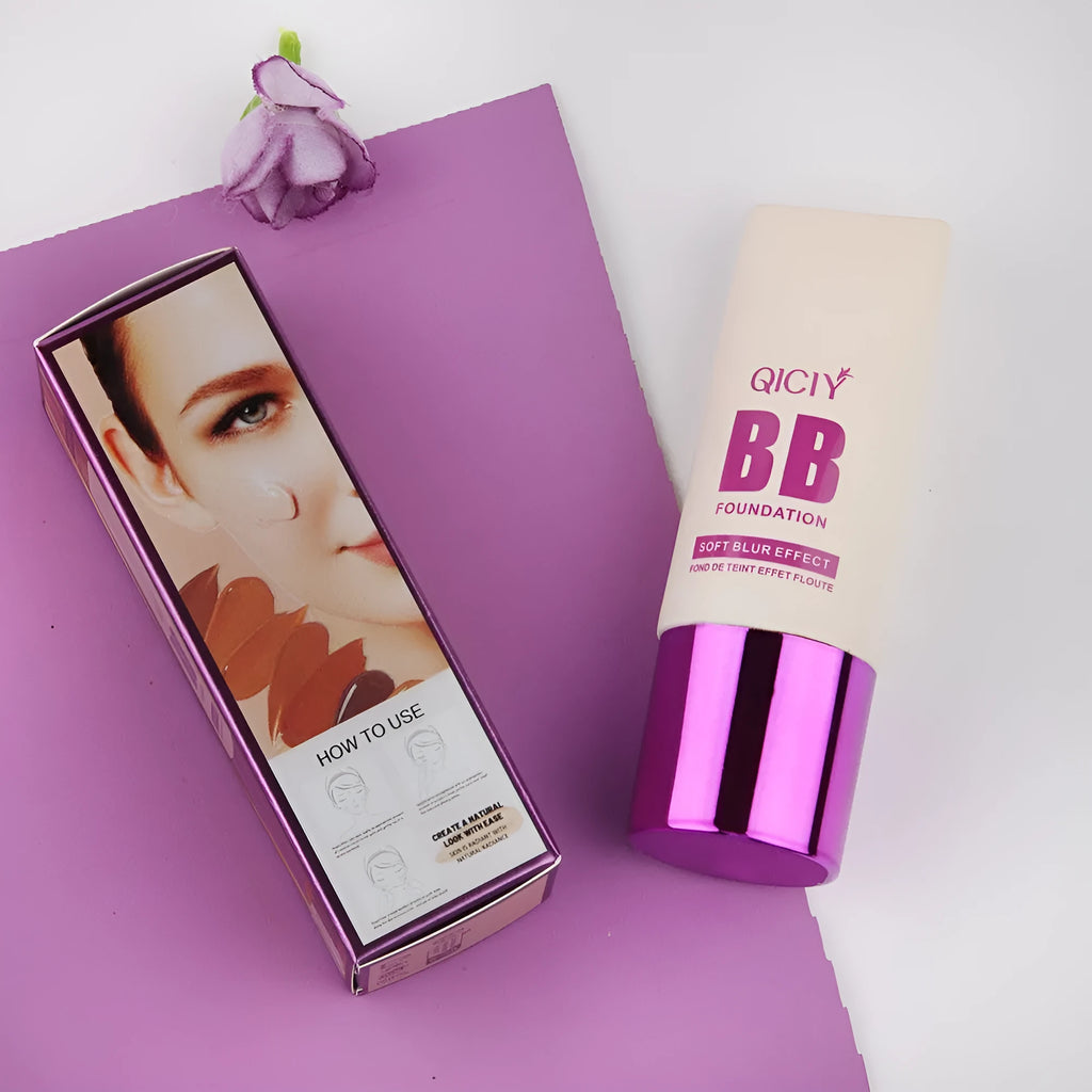 Feeding bottle containing liquid foundation BB cream in one of ten available shades.