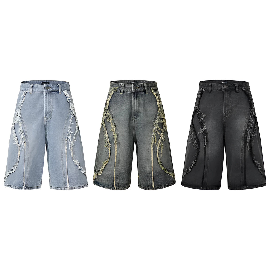 Straight cut denim shorts with distressed raw edge detailing in black, dark blue, and light blue colours
