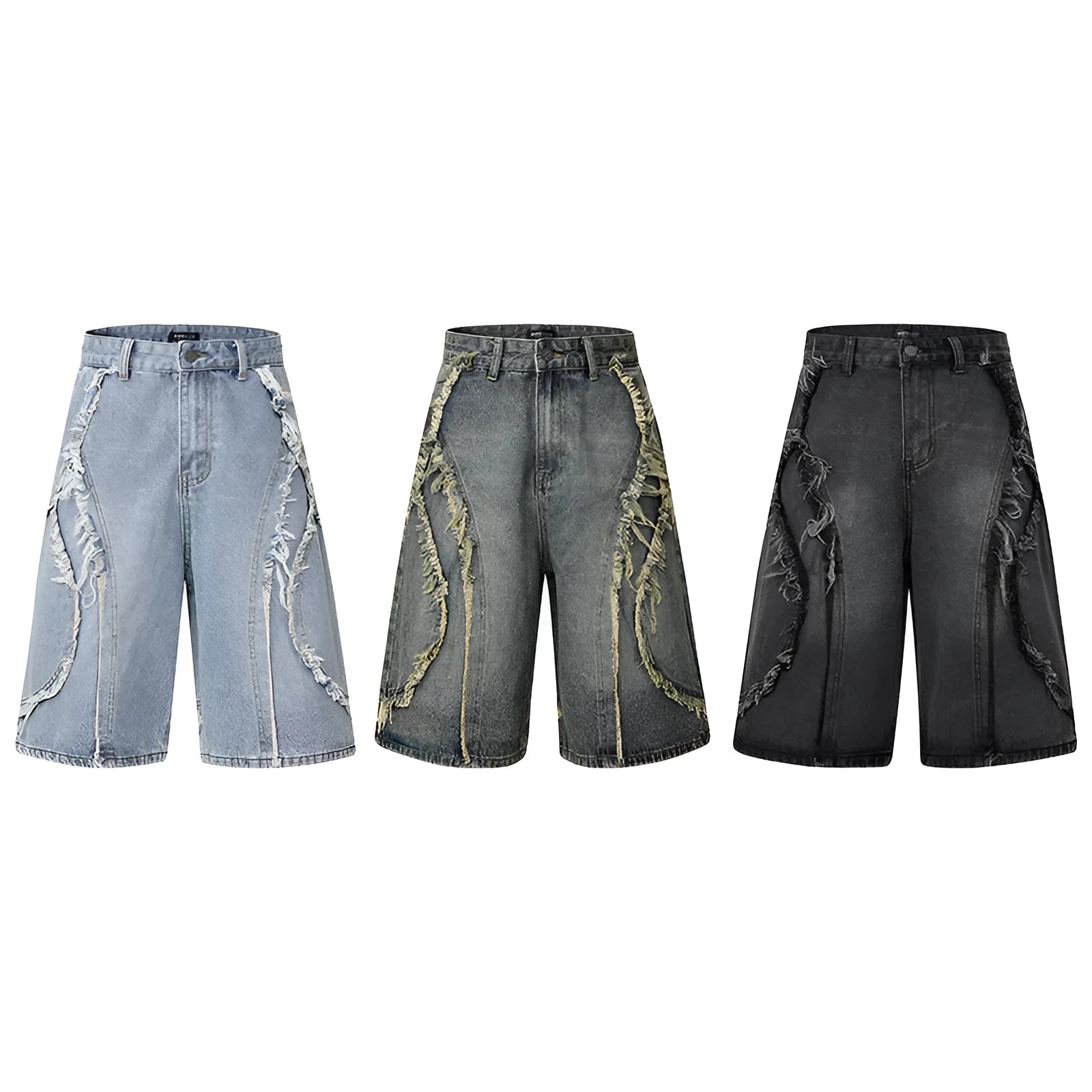Straight cut denim shorts with distressed raw edge detailing in black, dark blue, and light blue colours