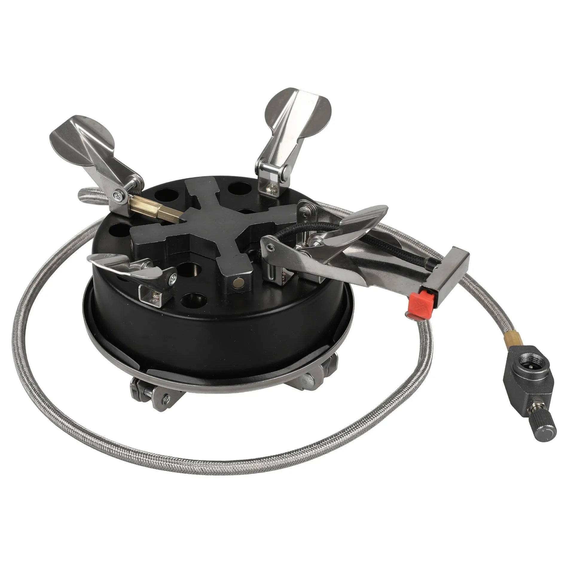 Silver portable split stove with stainless steel and copper construction for outdoor cooking