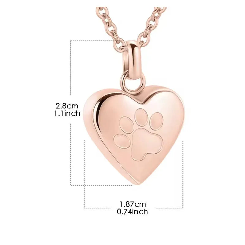 Polished titanium steel heart pendant necklace with love paw print, shown in silver colour.
