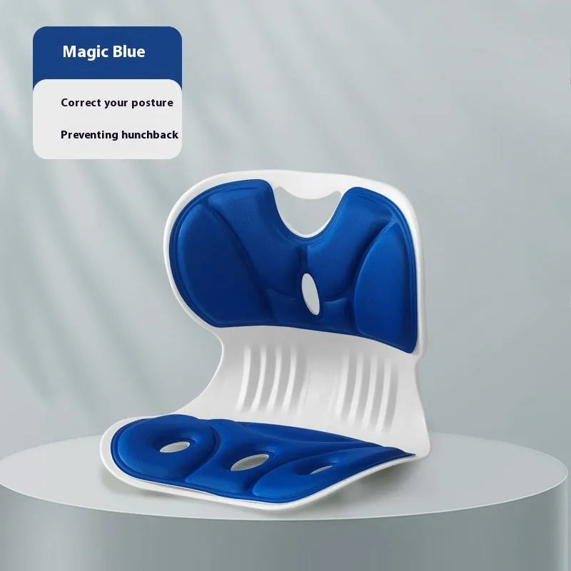 Memory foam lumbar support cushion on an office chair in grey colour.