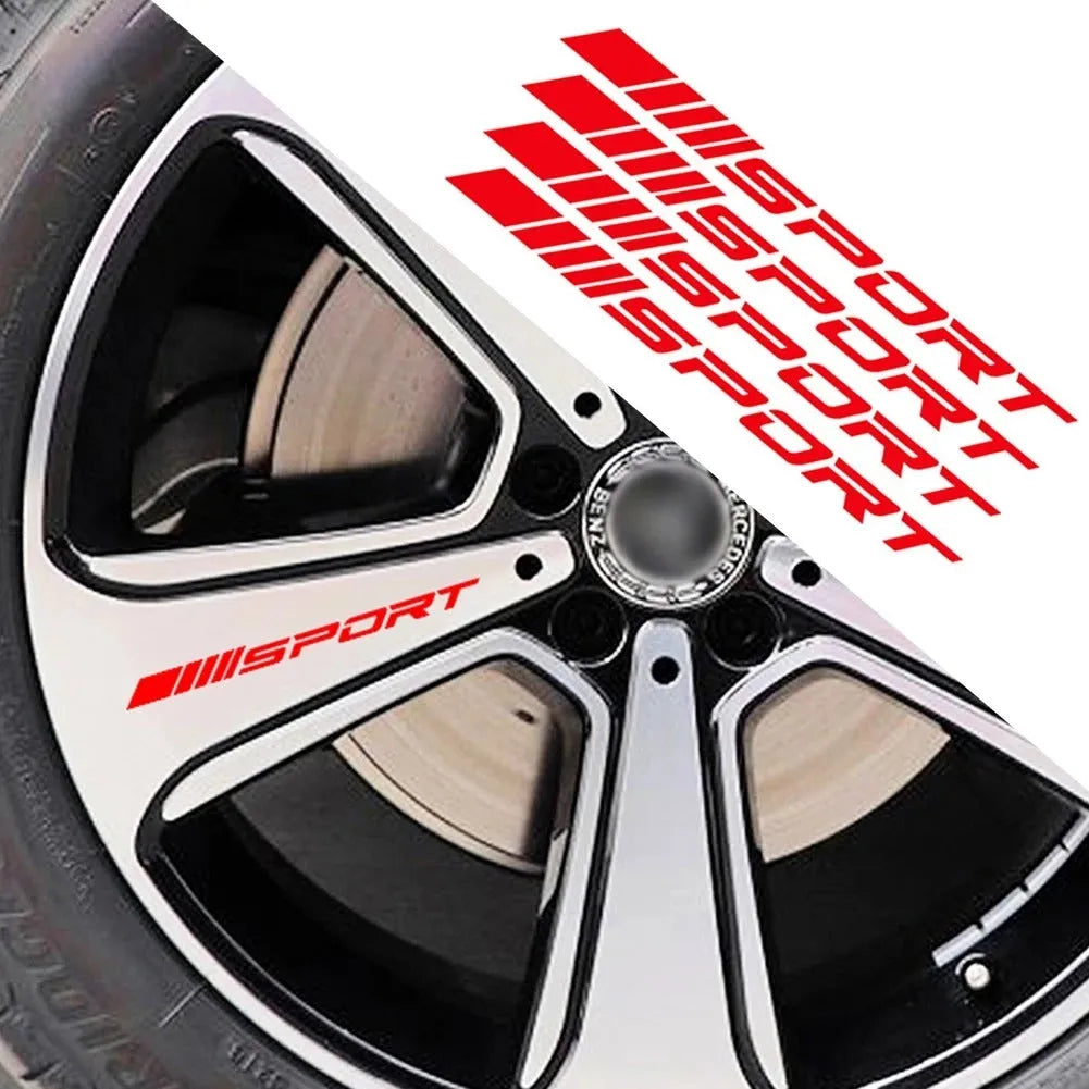 PET car rim stickers in black, red, and white with sports hollow design measuring 10cm by 0.7cm