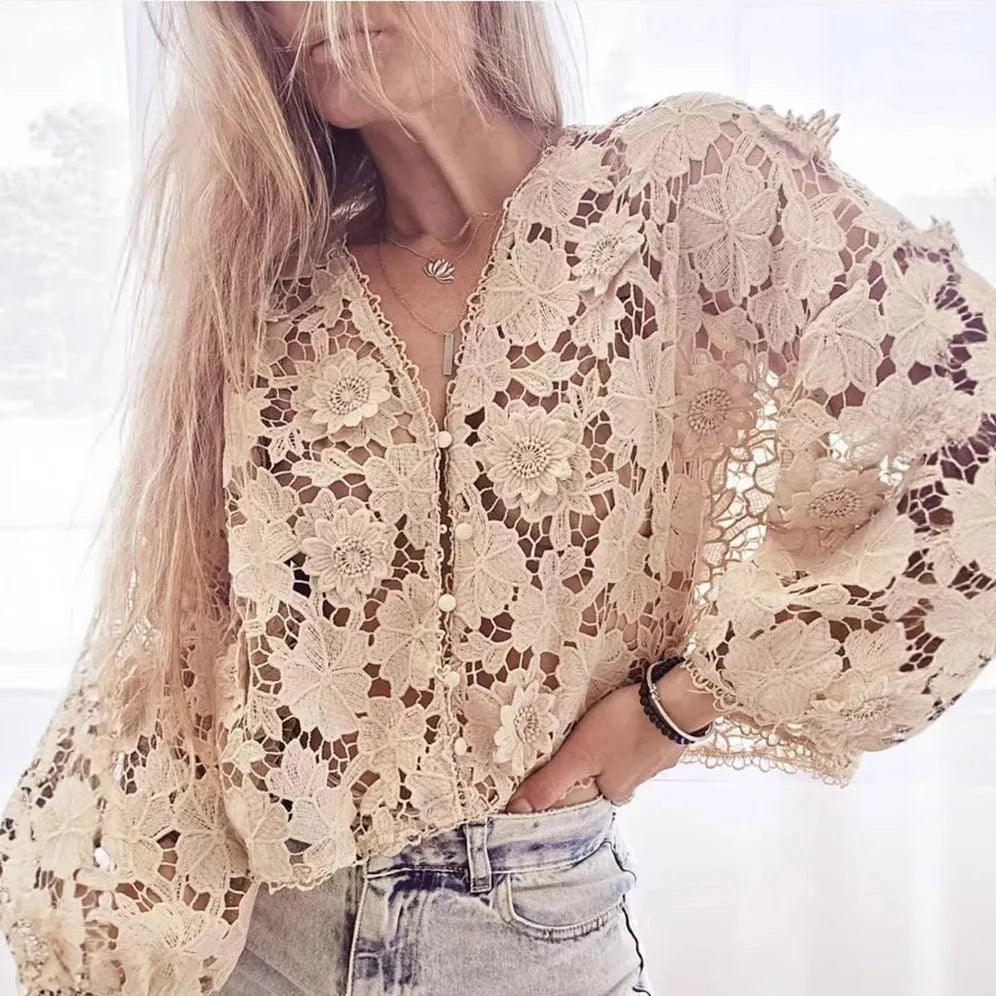 Women's loose-fit lace cardigan with V-neck and three-dimensional floral decoration in black