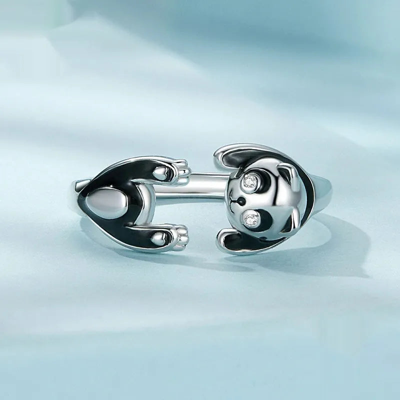 Cute panda sterling silver ring with white gold plating and adjustable opening