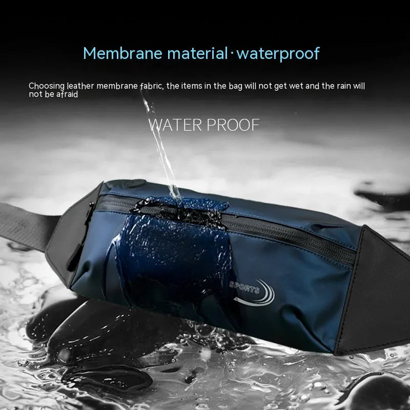 Men's black sports waist bag made from water-resistant Derm Oxford polyester, showing 45cm wide compact design