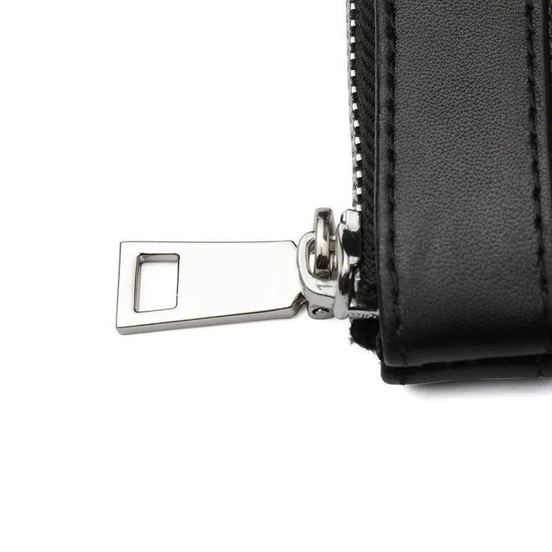 Black plaid pattern genuine cowhide leather men's wallet showing 20x10 cm dimensions