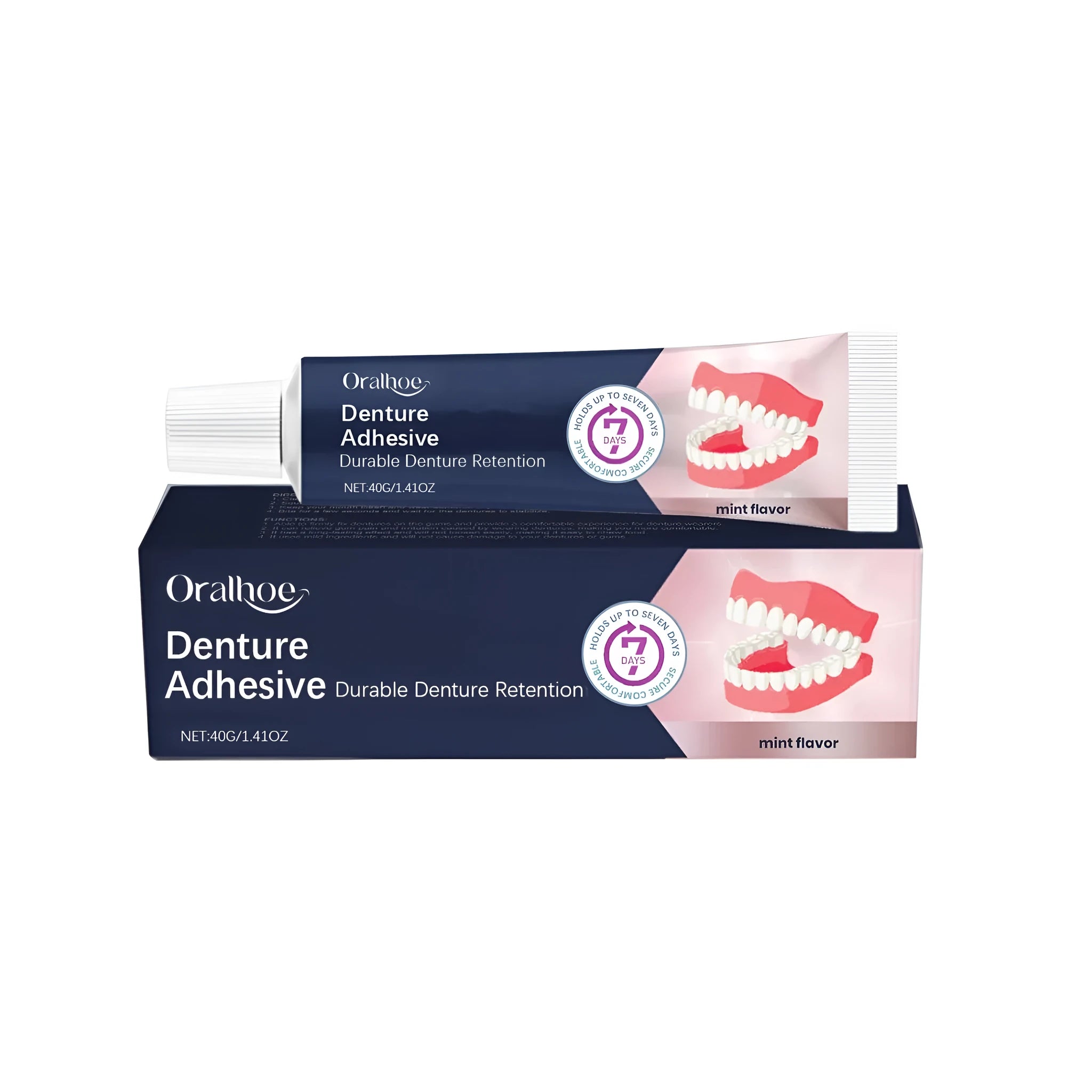 40g tube of denture fixing adhesive cream with petrolatum and menthol formula.