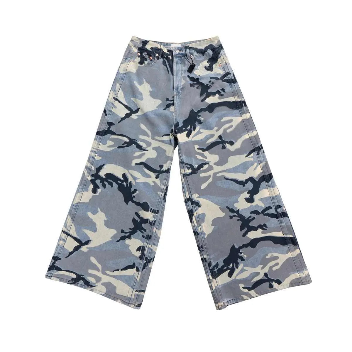 Snow camouflage blue loose fit jeans with mid waist on a plain background