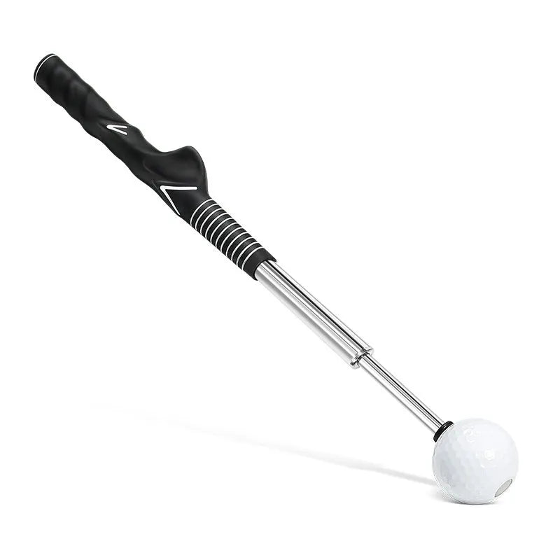 Telescopic golf swing trainer in stainless steel extended to full length