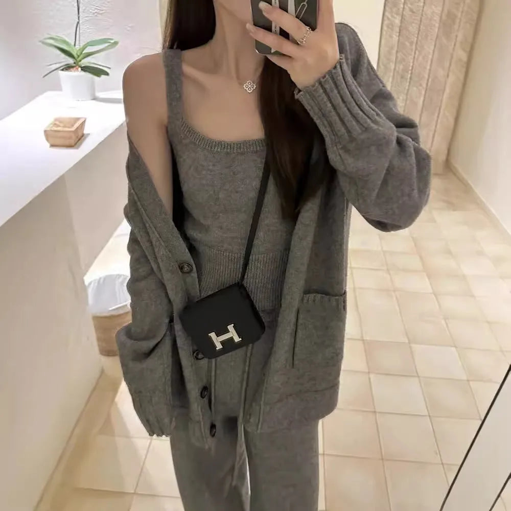 Women's knit cardigan vest suspender pants three-piece set in light brown colour