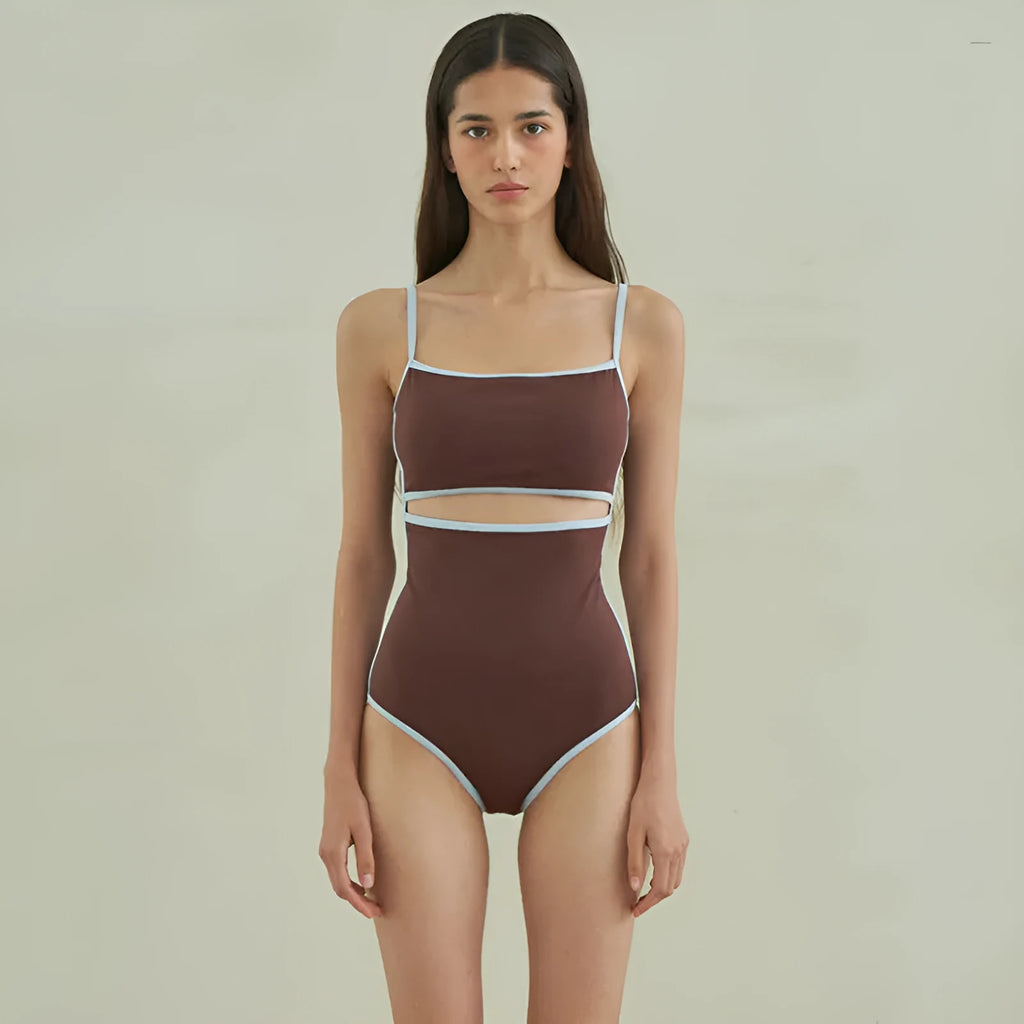 Brown women's one-piece swimsuit with a triangle top on a mannequin.