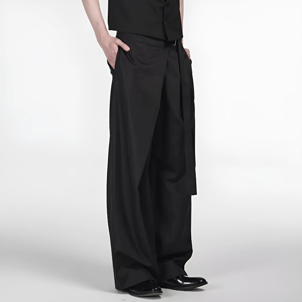 Black straight-leg women's trousers with a pleated front and adjustable waistband on a neutral background.
