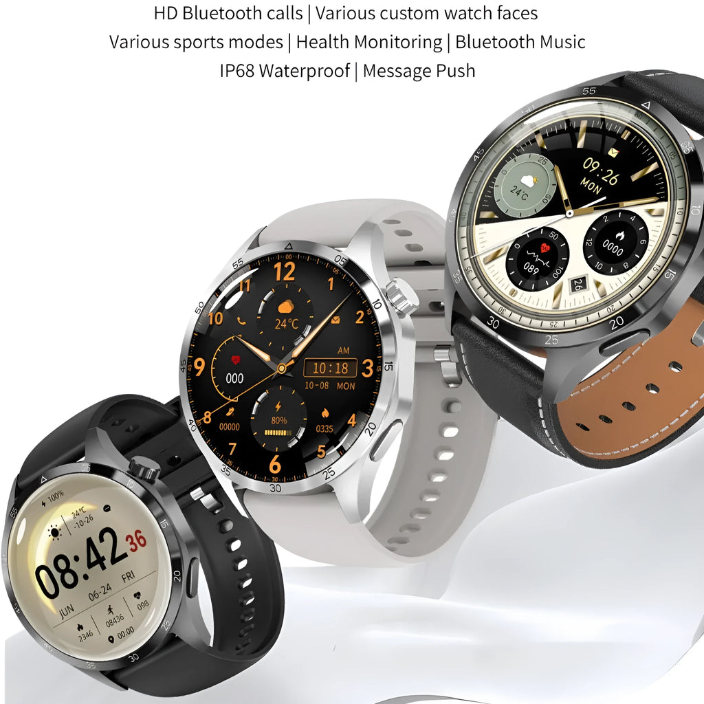Black smartwatch with Bluetooth calling and sports modes on a silicone strap, displaying heart rate data.