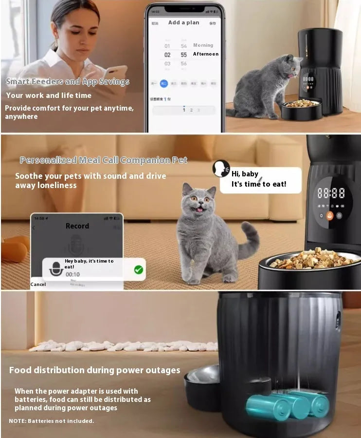 Black intelligent pet feeder with digital display showing feeding schedule