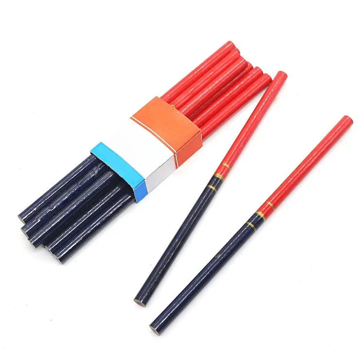 Red and blue two-colour carpenter's pencil with wooden casing, round hexagonal profile, 10-piece pack