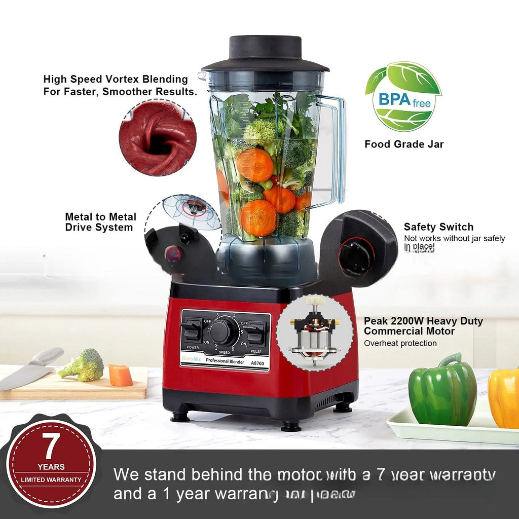 Red industrial commercial blender with 2200W motor and 2-litre container.