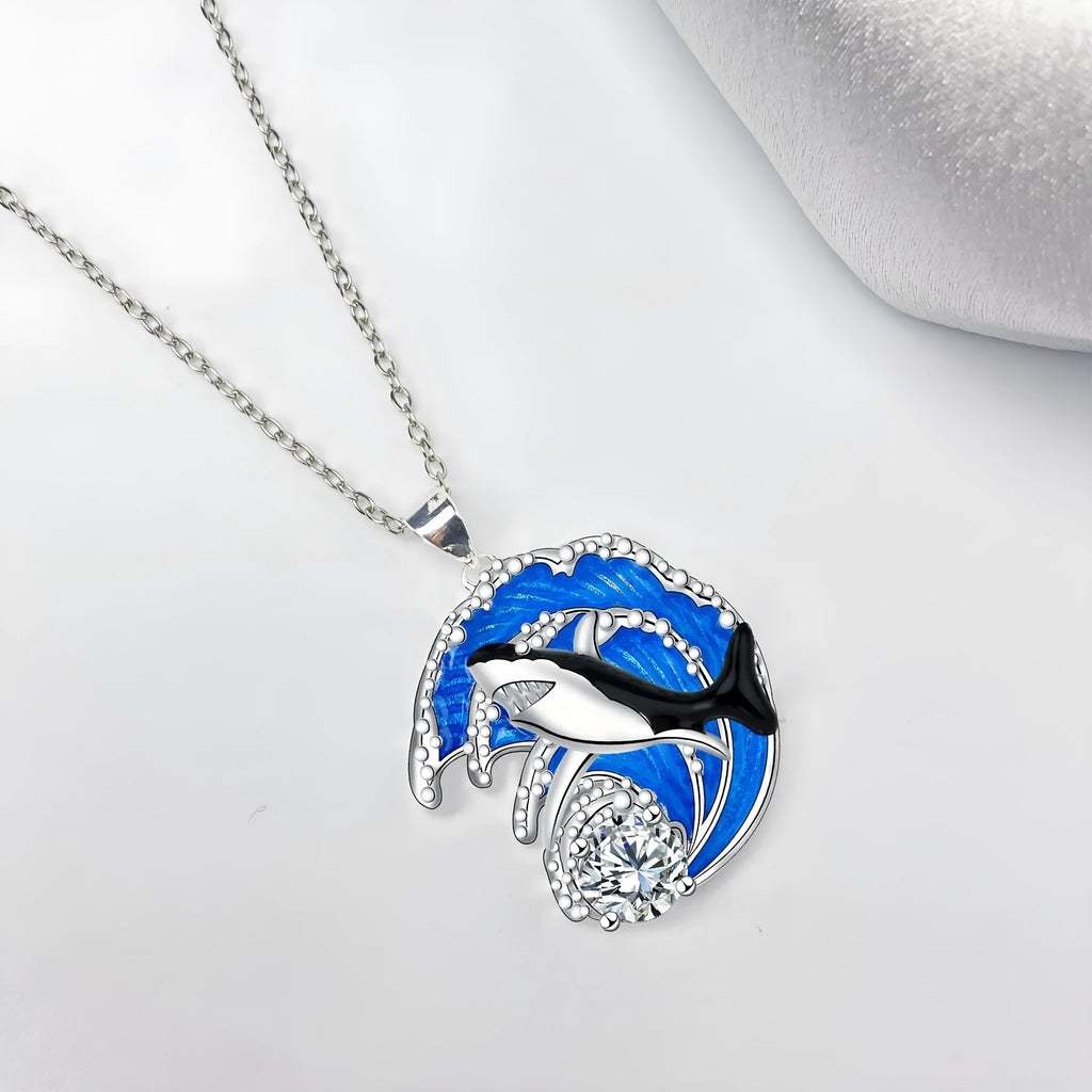 Shark necklace women's jewellery with copper animal pendant on cross chain, silver-tone finish