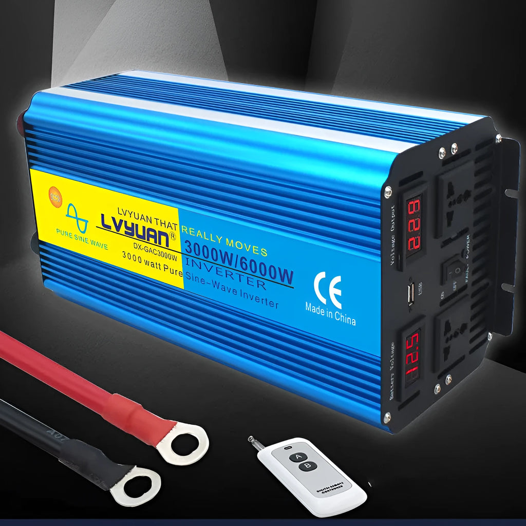 Blue car power inverter with digital displays and UK sockets for 12V to 220V conversion