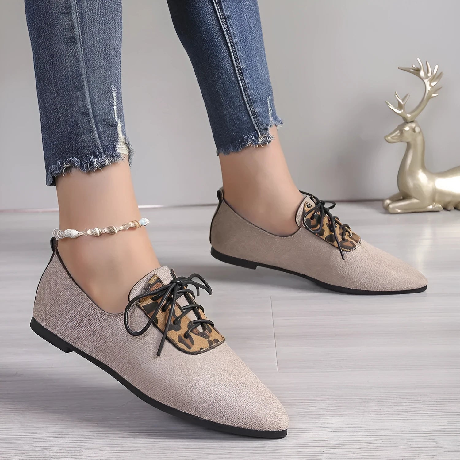 Women's beige leopard print pointed toe pumps in plus sizes 36-43 with artificial PU upper and rubber sole.