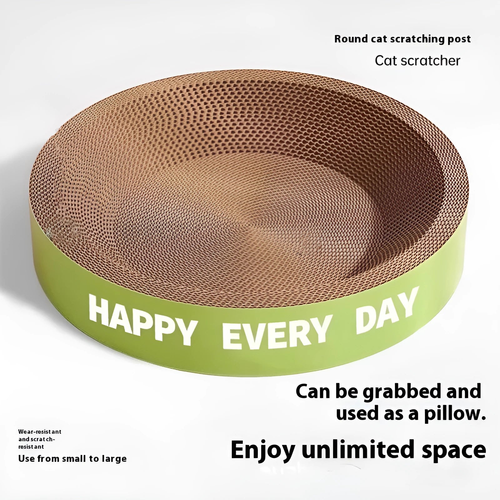 Green round corrugated cardboard cat scratching board nest for scratching and sleeping.