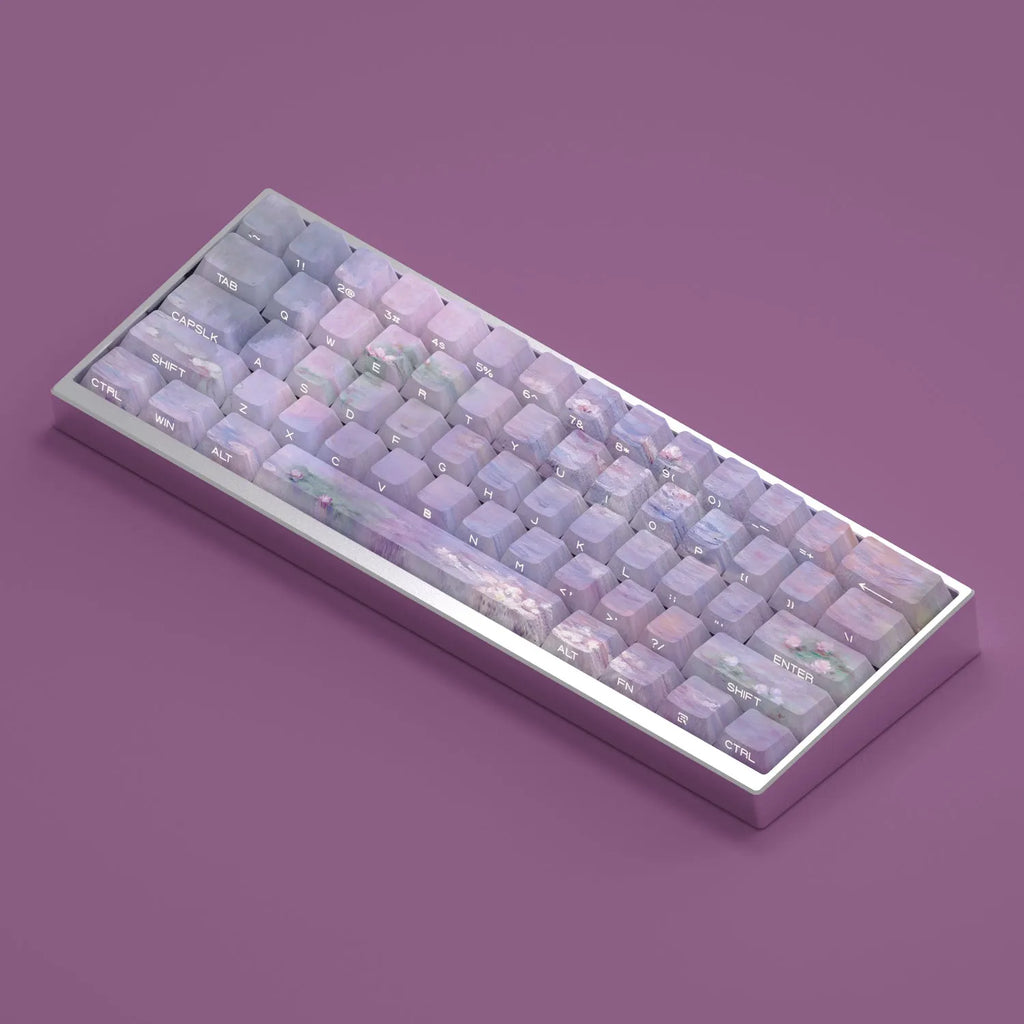 Wenshao Sleeping Lotus PBT keycap set with 130 keys, showing side-engraved legends and five-sided dye-sublimated artwork.