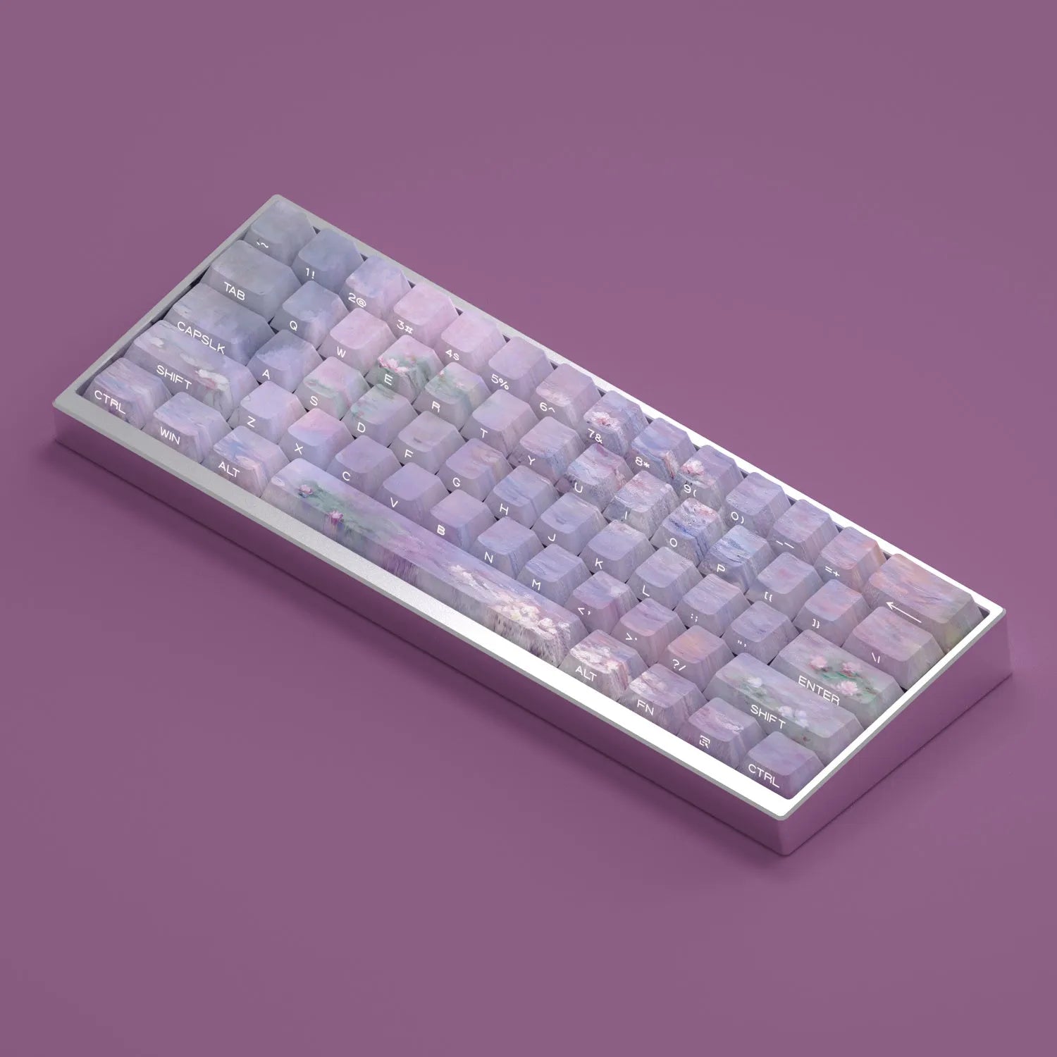 Wenshao Sleeping Lotus PBT keycap set with 130 keys, showing side-engraved legends and five-sided dye-sublimated artwork.