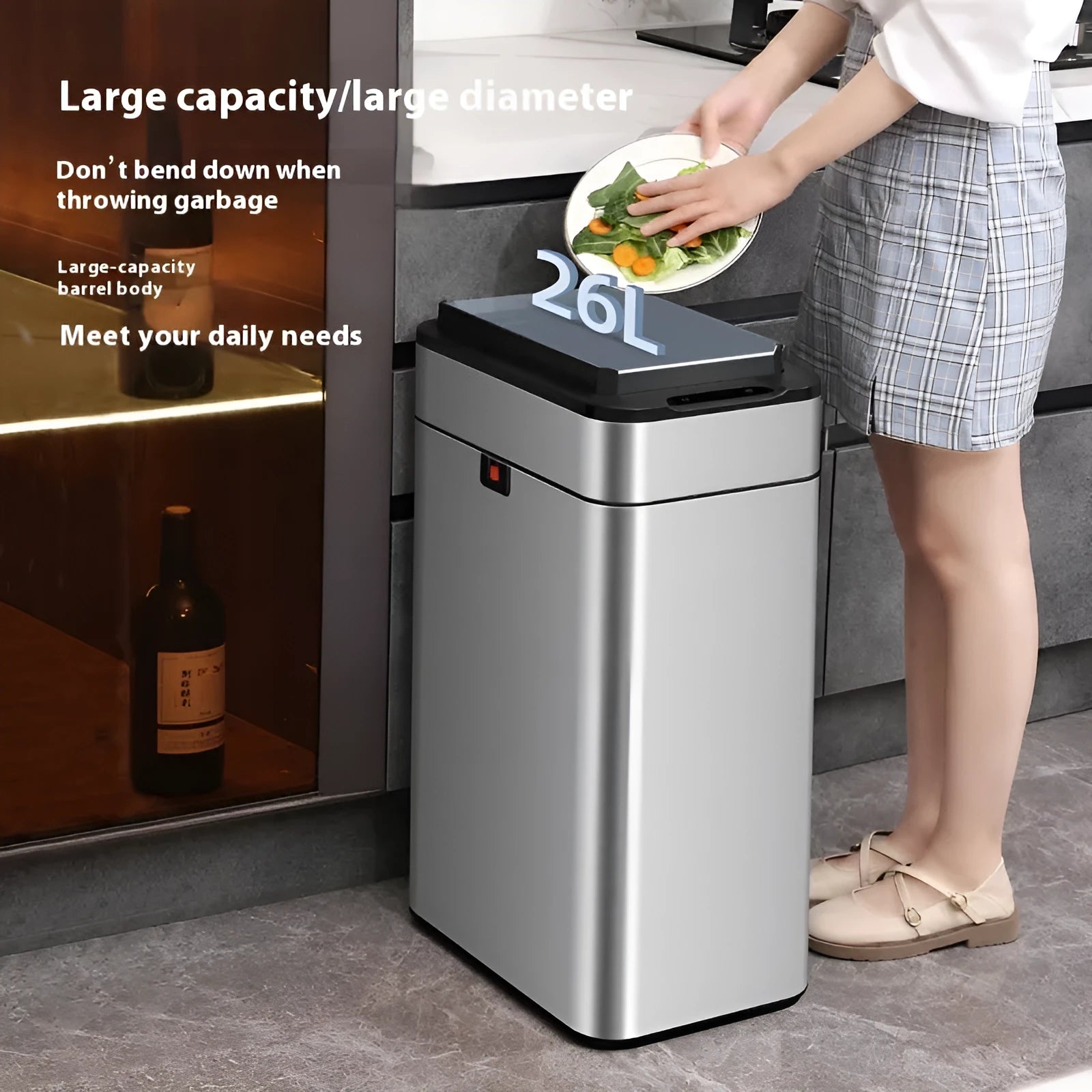 Square stainless steel inductive smart trash can with touch-free lid opening