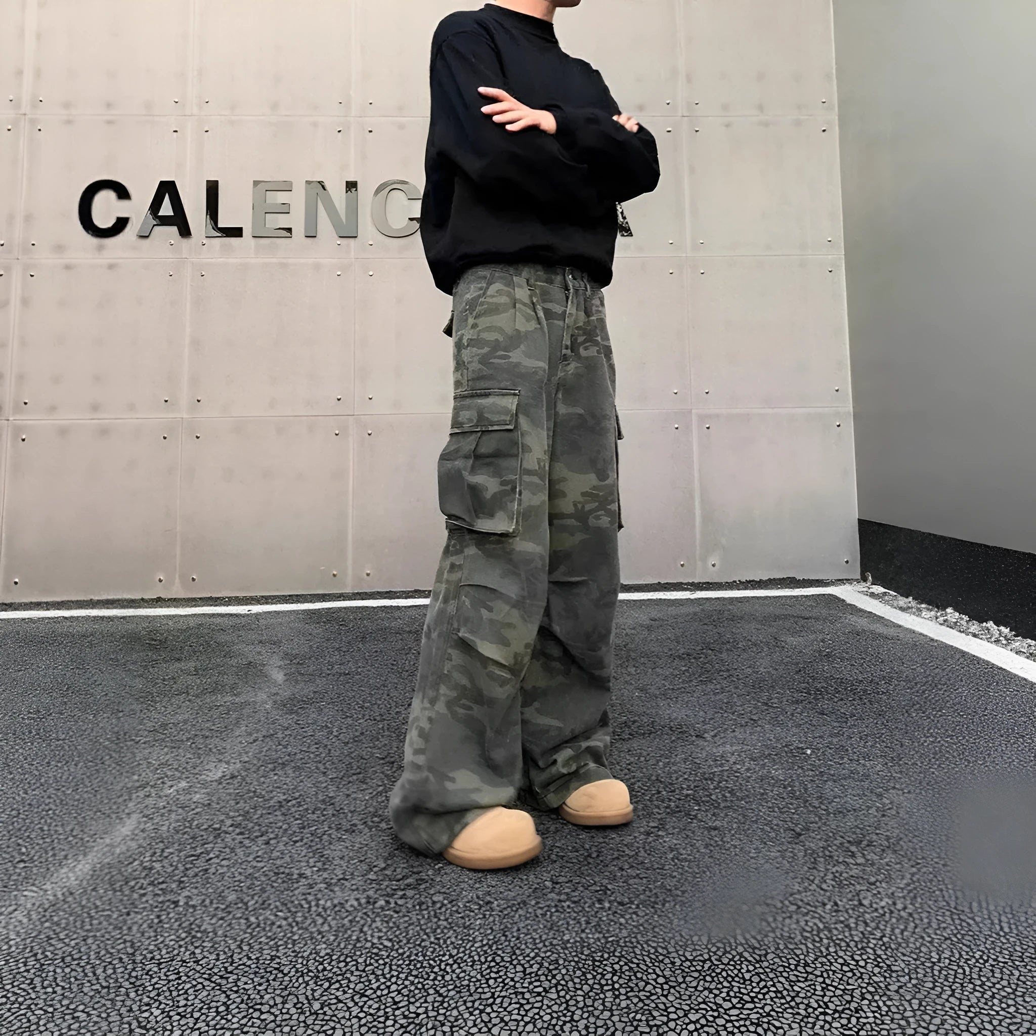American vintage washed camouflage cotton blend cargo pants with multiple pockets on a mid waist.