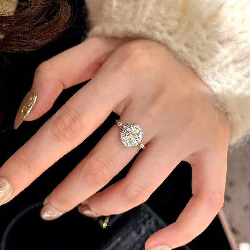 Silver colour adjustable ring with big diamond bridal bouquet geometry design and ellipse elements