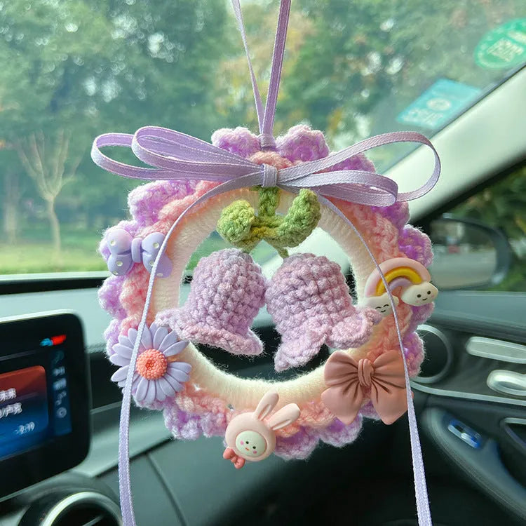 Woven wool bell orchid car pendant hanger in multiple colour options with dream catcher variations