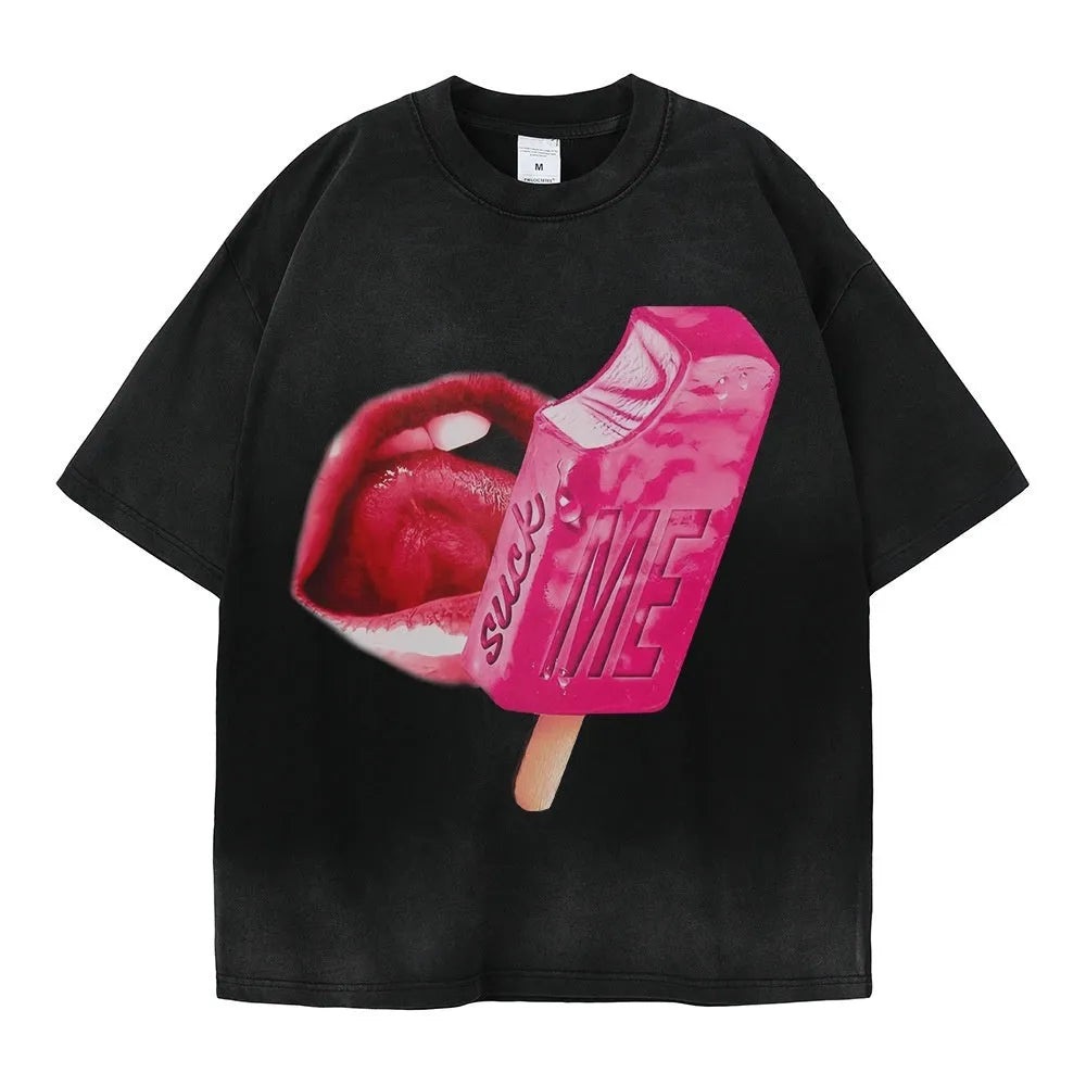 A loose black cotton t-shirt with a cartoon pattern print, showing a heavy washed texture on the short sleeves.