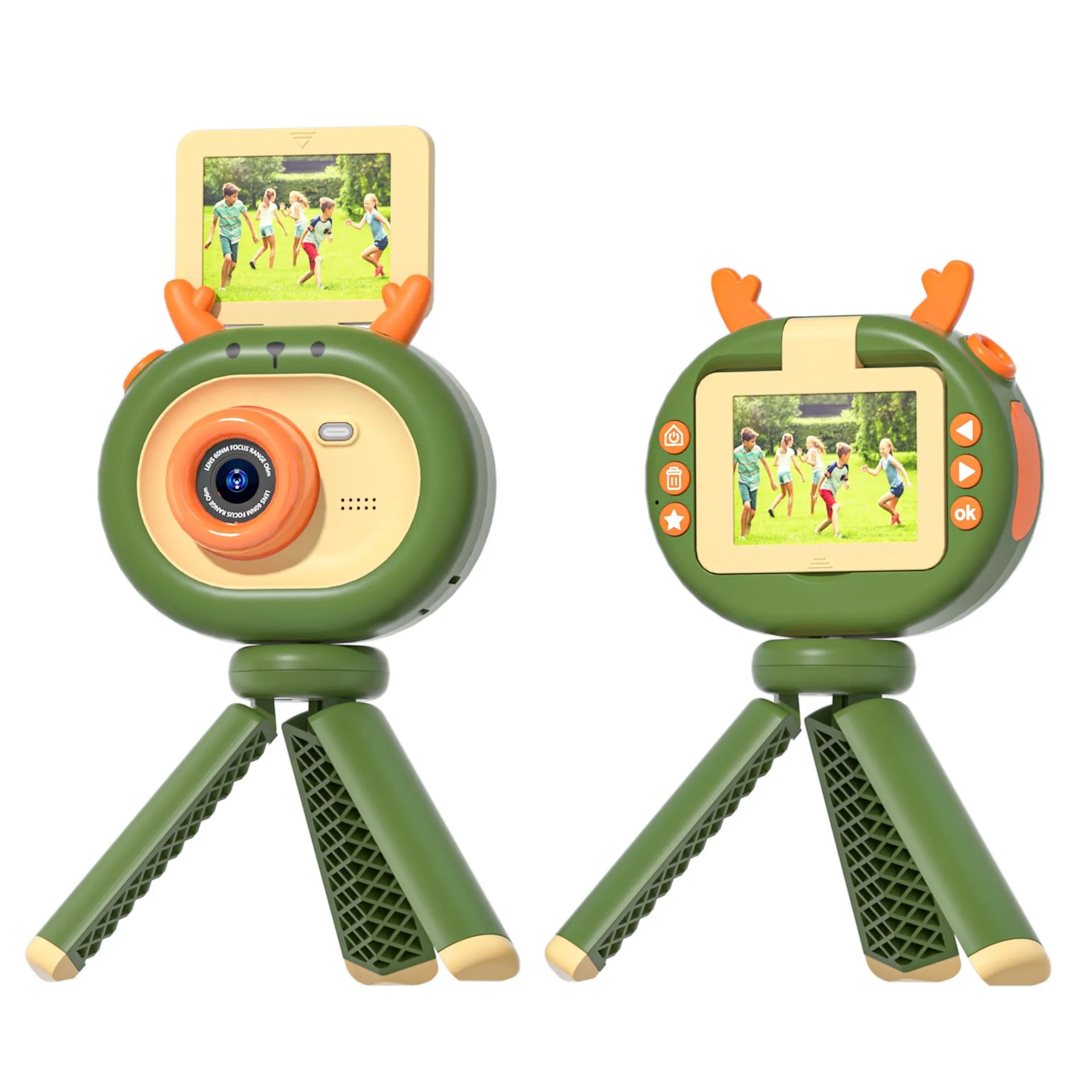 Children's digital camera with flip screen in dark green or purple colours with silicone protective case