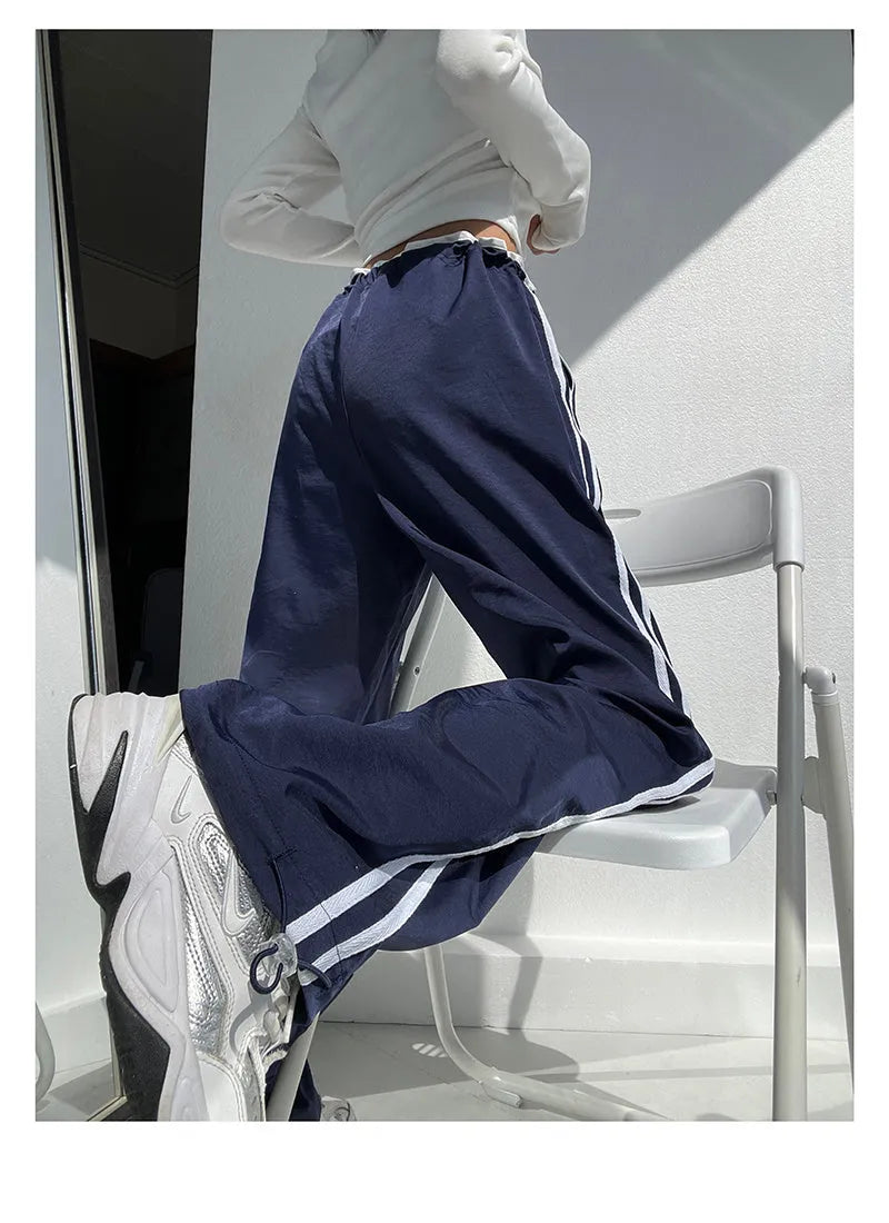 Ribbon parallel bars contrast colour loose straight trousers in white and navy blue colours