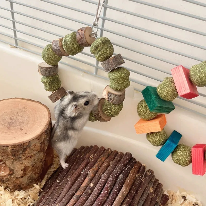 Hamster molar bite toy with decorative straw ball ring for small pet dental care