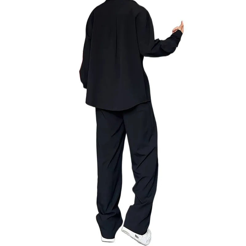 Men's casual hemp two-piece suit set with long sleeve polo shirt and matching trousers in slim fit