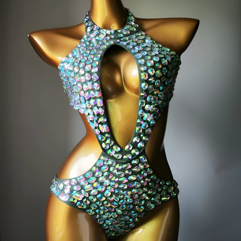 Mesh diamond pattern one-piece swimsuit in army green colour