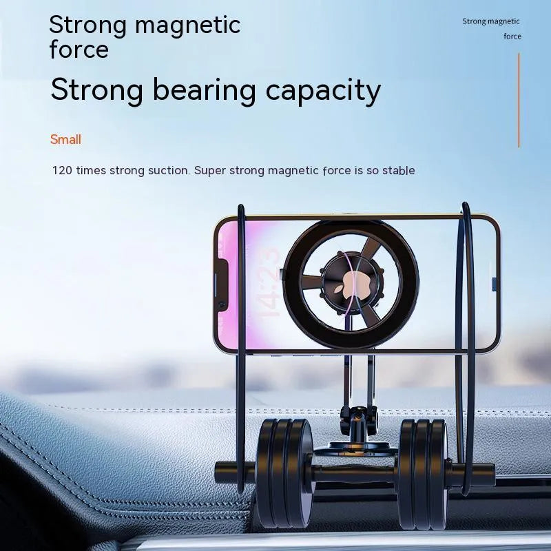 All-metal magnetic car phone holder in black, clipped onto a car air vent, with magnetic rings and adhesive pads.