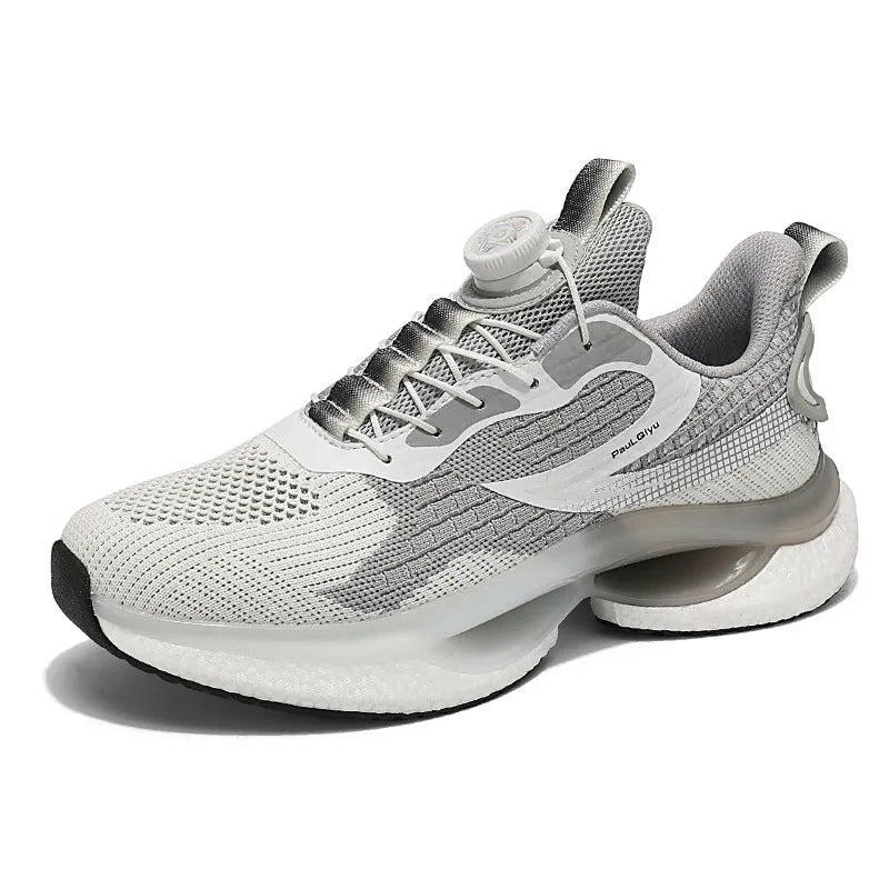 Men's white rotating buckle running shoe with Fly-knit mesh upper and low-top design.