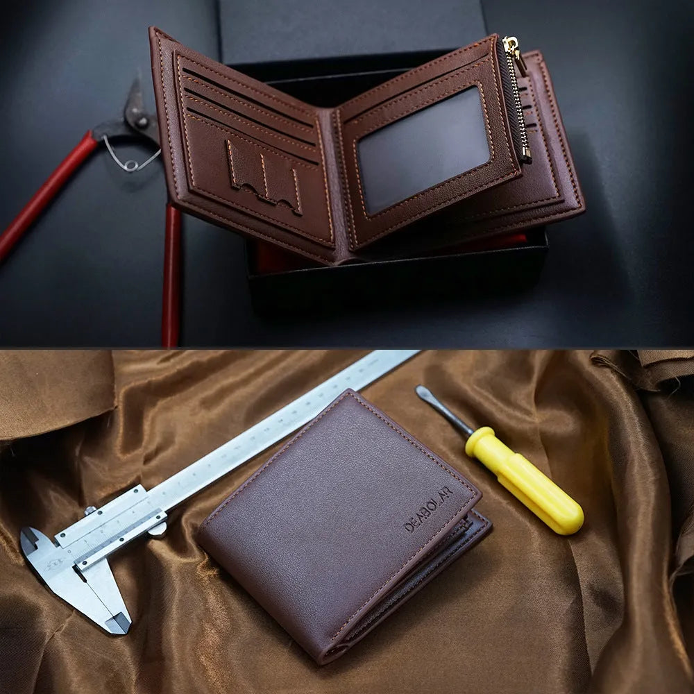 Men's leather wallet with a zipper closure, presented in individual packaging.
