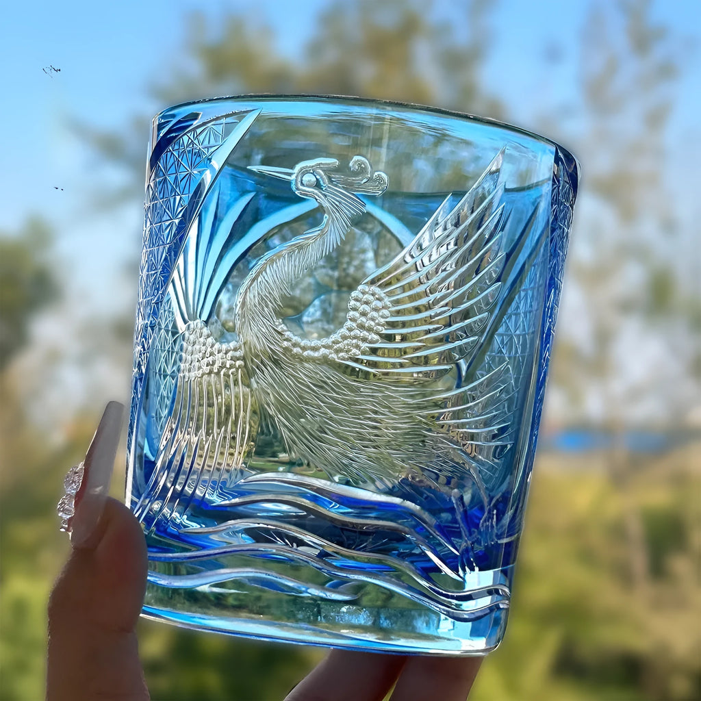 Hand carved crystal whiskey shot glass sky blue colour crane design 90x100mm