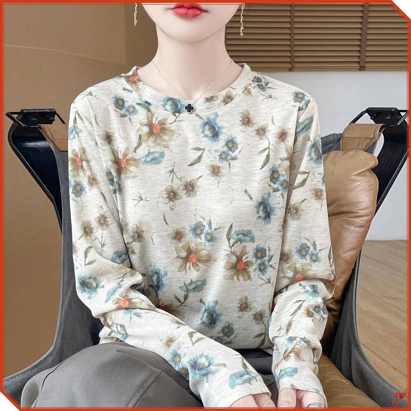 Round neck Tencel Cotton pullover shirt with floral printed design in regular sleeve style