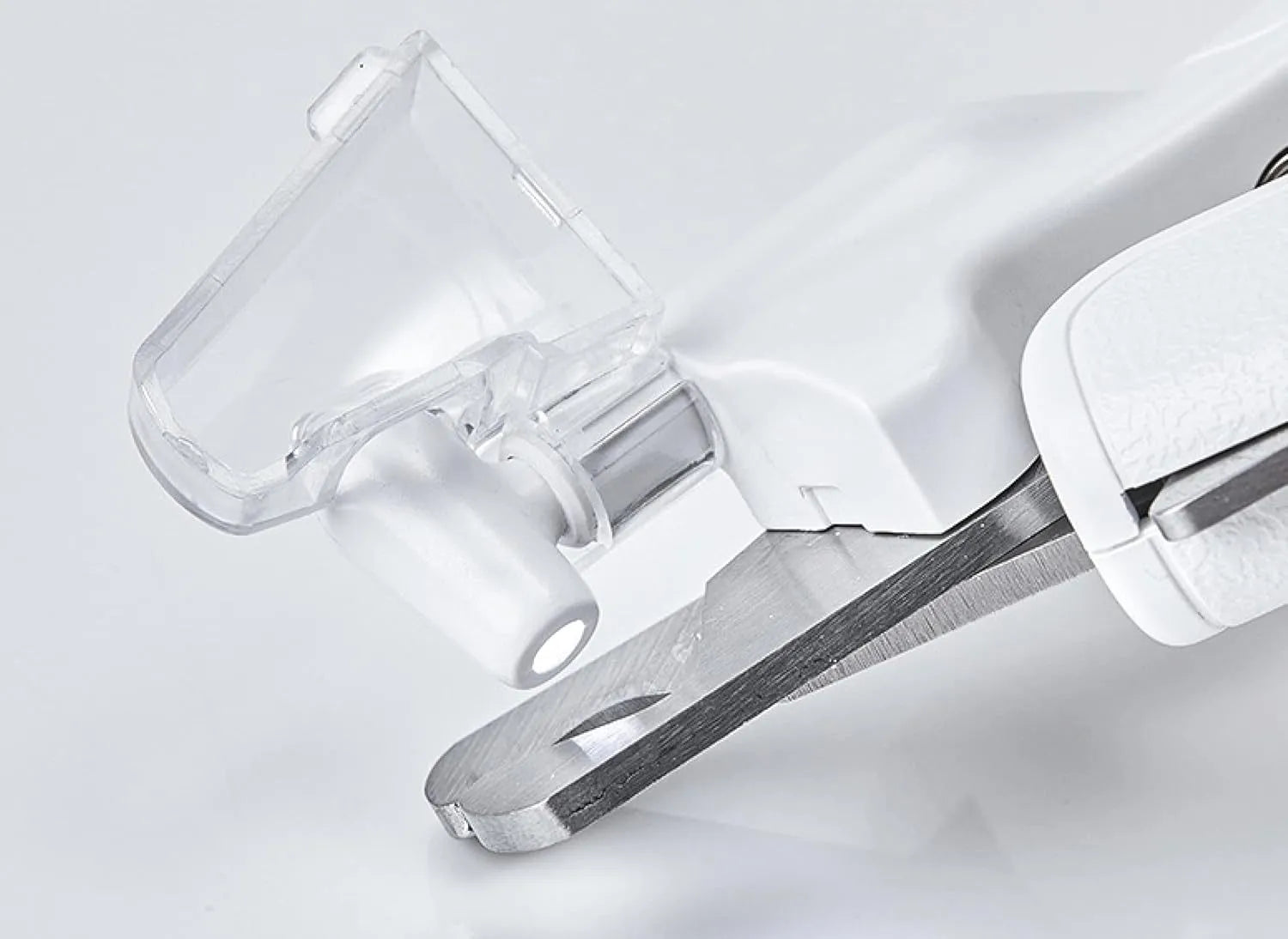 White LED pet nail clippers for dogs and cats with a transparent safety guard and leather-like handle.